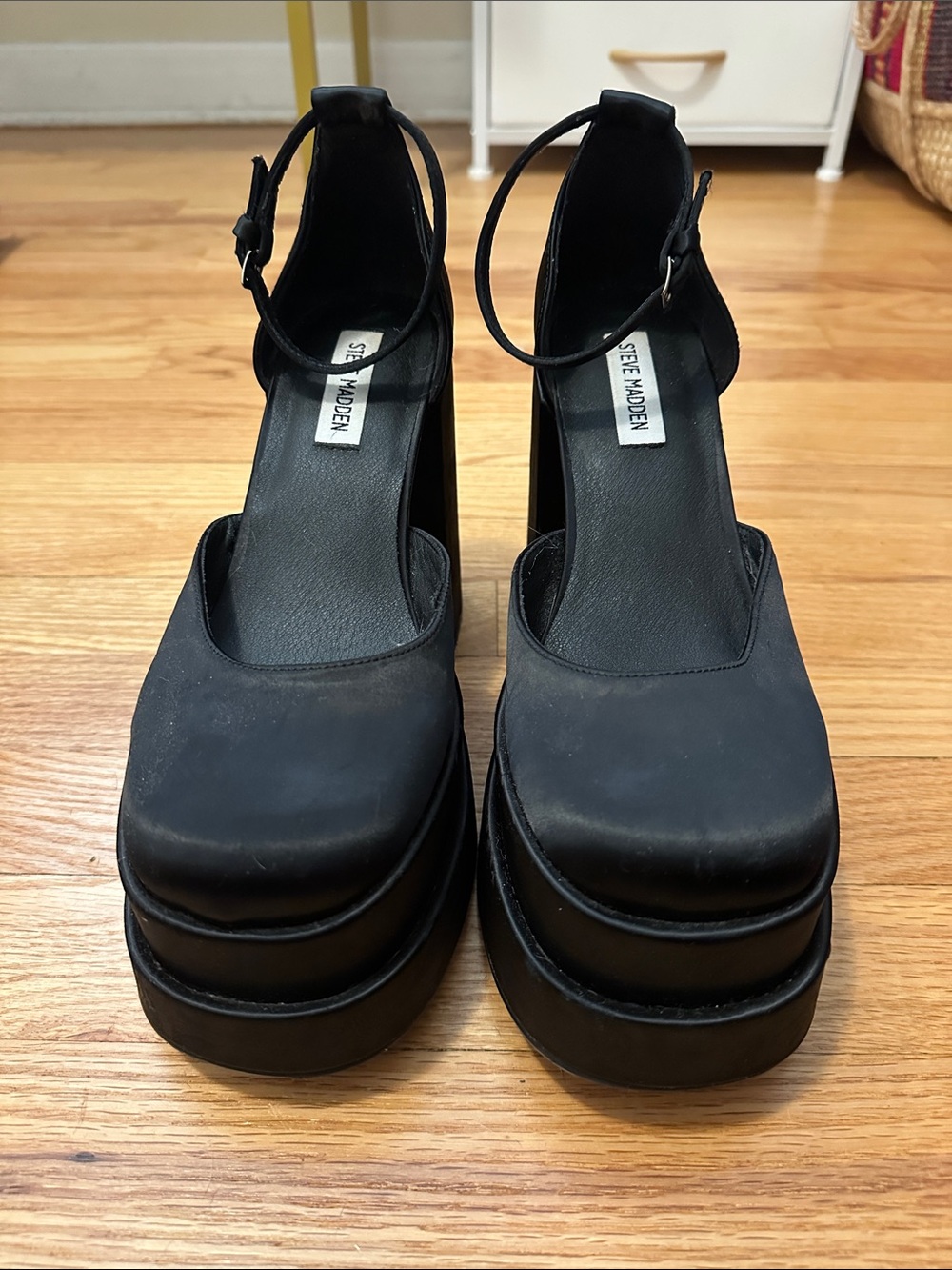 Steve Madden Black Ankle-Strap Platform Block Heels - Picture 2 of 5